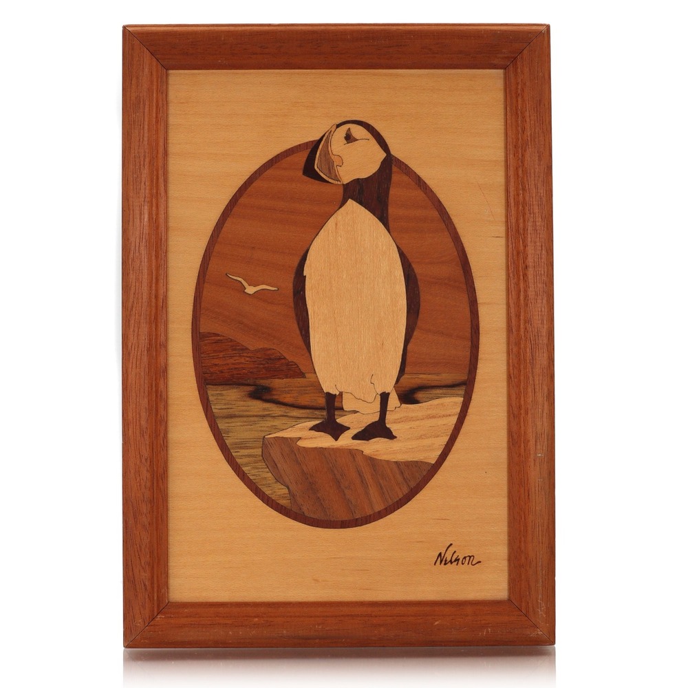 Nelson Hudson River Inlay Wood Art Puffin Marquetry Coastal Framed 6.5x9.5